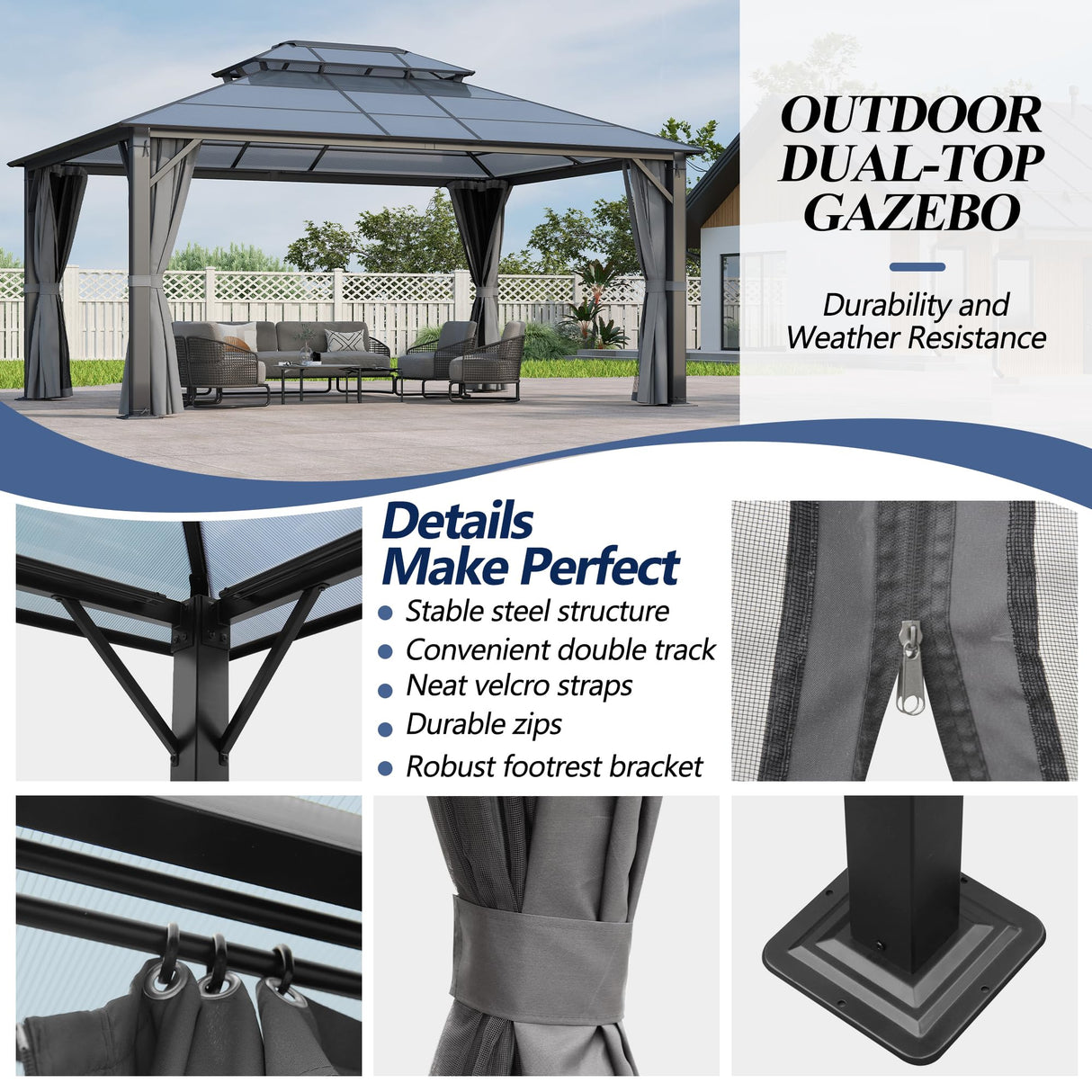 GARTOO 12x16FT Polycarbonate Hardtop Gazebo with Double Roof - Heavy-Duty Steel Frame Gazebo with Breathable Netting & Privacy Curtain for Patio, Porch, Garden, Lawn, Deck, Backyard GARTOO