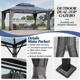 GARTOO 12x16FT Polycarbonate Hardtop Gazebo with Double Roof - Heavy-Duty Steel Frame Gazebo with Breathable Netting & Privacy Curtain for Patio, Porch, Garden, Lawn, Deck, Backyard GARTOO