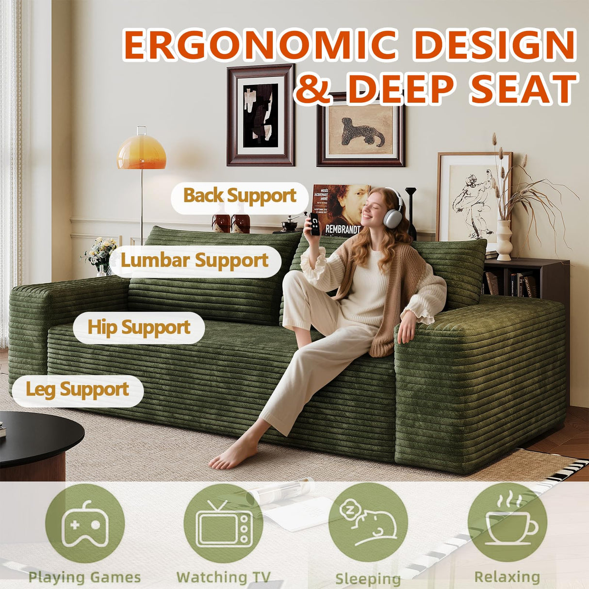 63" Cloud Loveseat Sofa - Boneless Deep Seat 2-Seater, No Assembly Foam Floor Couch, Plush Corduroy Fabric, Modern Living Room Sofa for Small Space Apartment, Bedroom, Office (Green, 63") Klwenas Maec