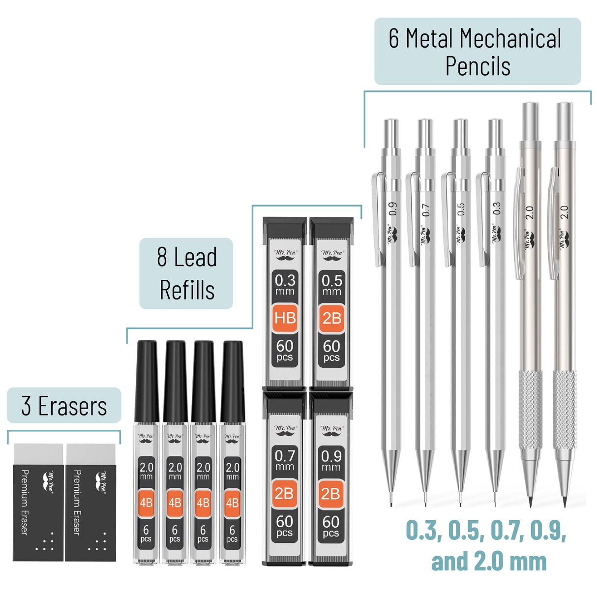 Mr. Pen- Metal Mechanical Pencil Set, 5Sizes, 0.3, 0.5, 0.7, 0.9, 2mm, Mechanical Pencils, Sketching Pencils, Drafting Pencil, Mechanical Pencil Metal, Lead Pencils, Drawing Mechanical Pencils Mr. Pen