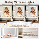 Farmhouse Makeup Vanity Desk with Sliding Mirror and Lights, Glass Desktop Makeup Vanity Desk with Charging Station, 3-Tier Hidden Slide-Out Vanity Shelves, Jewelry Storage Cabinet, 2 Drawers-White Jocoevol