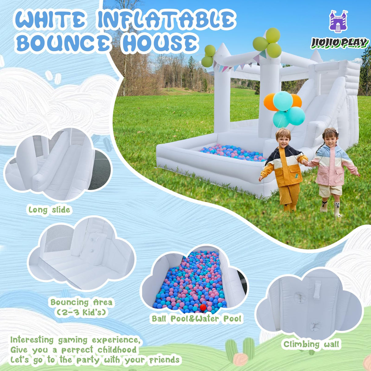 12 FT Oxford White Inflatable Bounce House, Bounce House With Ball Pit, Bounce House With Slide, Indoor And Outdoor Large Inflatable Castles Bounce House for Kids 3-12 Holiday Decoration Wedding Party JIO JIO PLAY