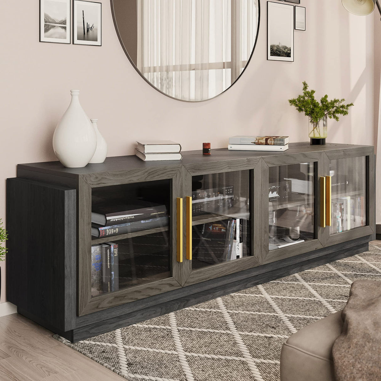 BELLEZE 70" TV Stand for TVs up to 75", Modern TV Cabinet & Entertainment Center with Shelves, Wood Storage Cabinet for Living Room or Bedroom - Brixston (Brown) BELLEZE