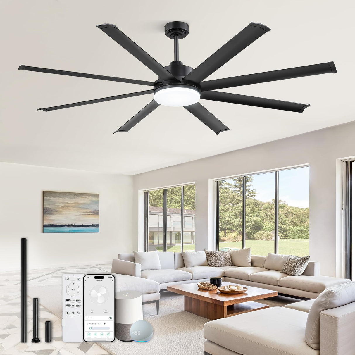 ZMISHIBO 72 Inch Smart Ceiling Fan with Light, Large Industrial Ceiling Fan with Modern 8 Aluminum Blades, 3000-6000K Dimmable, 6 Speeds, Black Fan Light with Remote/Alexa/App for Patio Living Room ZMISHIBO