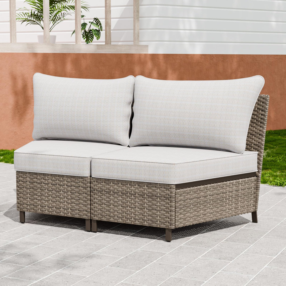 INTER HUT Vista Oasis Outdoor Sectional Sofa Set, 2 Seat Armless Sofa, Wicker Outdoor Furniture with Deep Seating Cushion, Beige/Beige INTER HUT