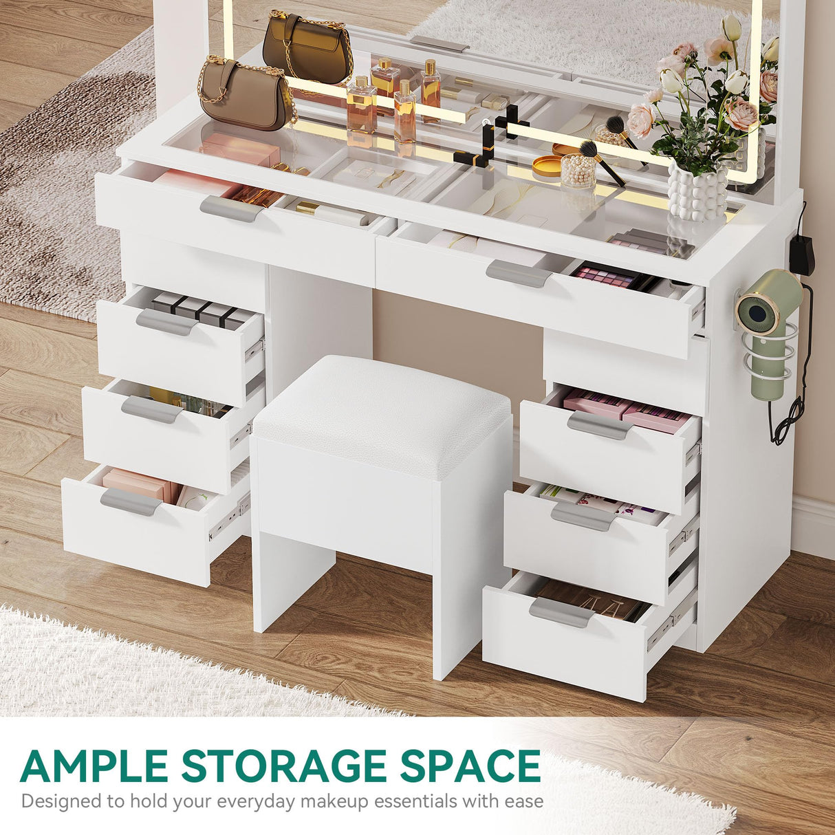 YITAHOME Vanity Set, Makeup Vanity Desk with Adjustable LED Mirror, Power Outlets, 10 Drawers, Magnifying Glass, Tempered Glass Top, Hairdryer Holder, Stool for Bathroom, Makeup Room YITAHOME