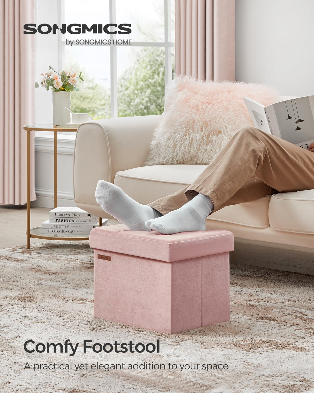 SONGMICS Storage Ottoman, Foldable Small Ottoman Foot Rest, 12.2 x 16.1 Inches Foot Stool, Ottoman with Storage, Load up to 286 lb, for Living Room, Bedroom, Dorm, Jelly Pink ULSF200R01 SONGMICS