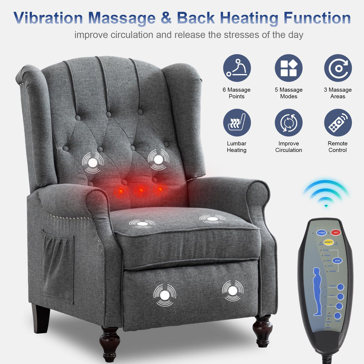 SAMERY Wingback Recliner Chair with Massage and Heat, Push Back Recliner Accent Chair, Modern Tufted Reclining Lounge Single Small Recliner Chair Set of 2 for Small Spaces, Living Room, Office SAMERY