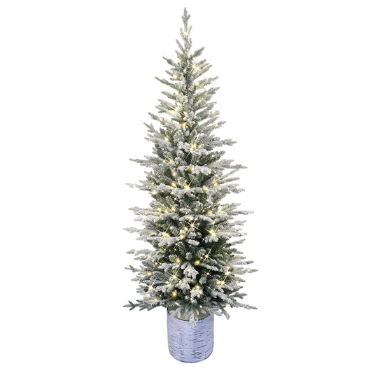 Puleo International Pre-Lit Potted Flocked Arctic Fir Pencil Artifical Artificial Christmas Tree, Green, 301-PTO9760-60LW120