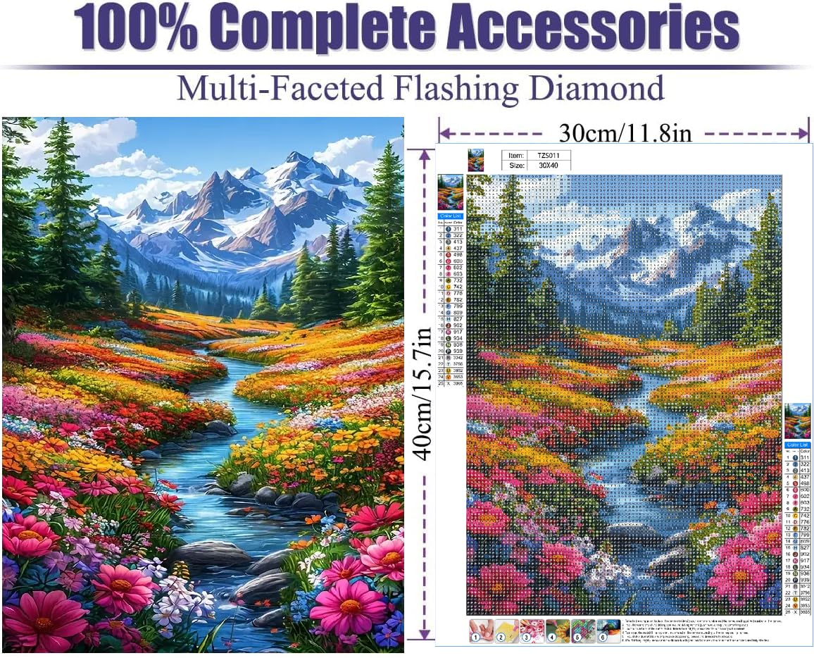 BOHADIY 5D Diamond Art Painting Kits for Adults, Snowy Mountain Art Kits for Beginner,DIY River Flower Full Round Gem Crystal Art Paint by Diamond Home Wall Decor12X16inch BOHADIY