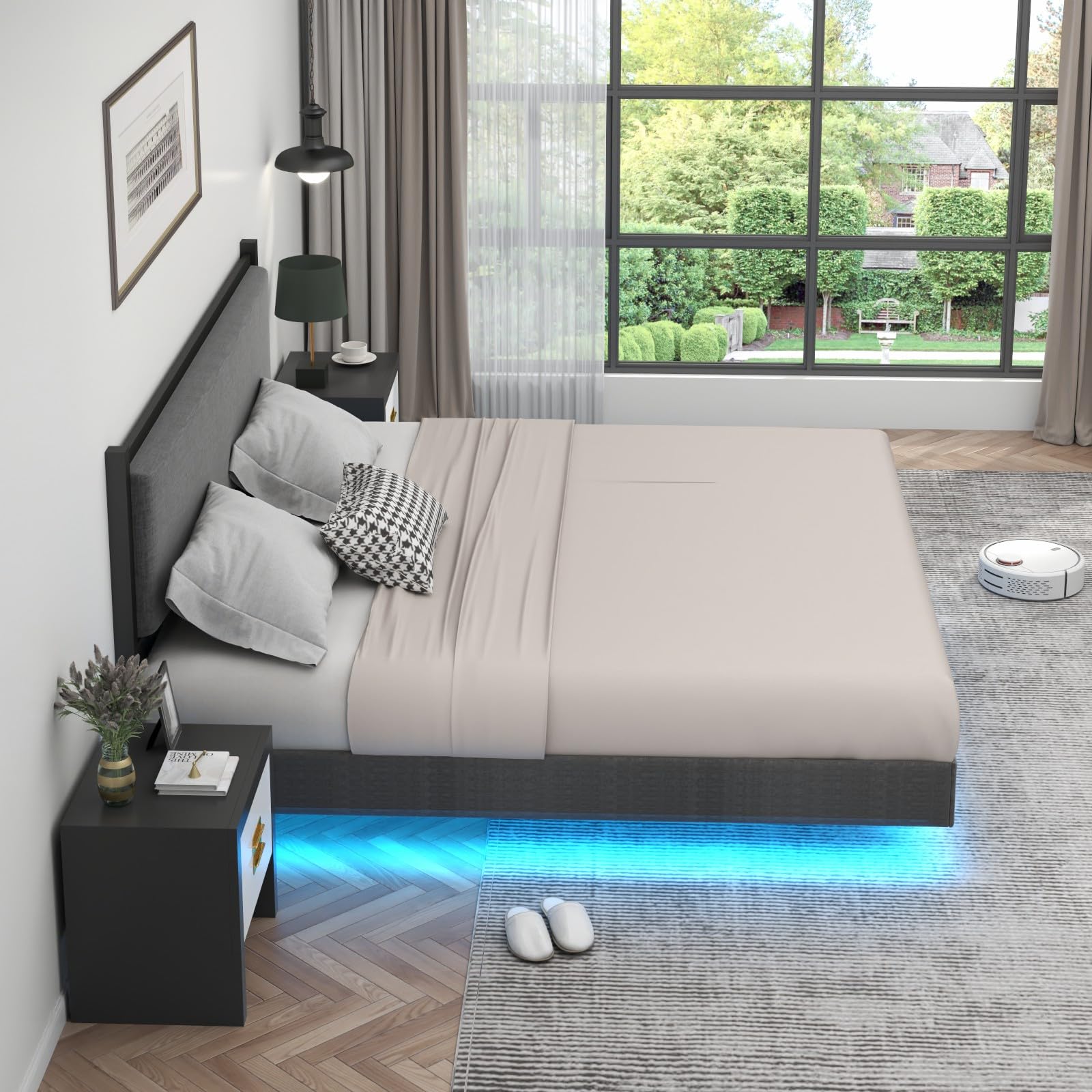 Gyfimoie Modern Grey King Floating Bed Frame with LED Lights and Double Beam Support - WoodArtSupply