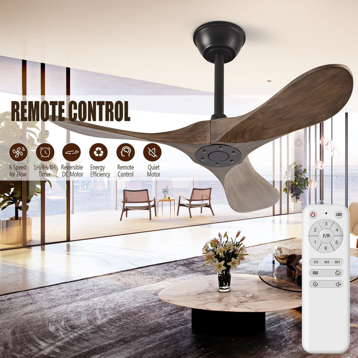 QWO 36" Outdoor Ceiling Fan No Light,Solid Wood Small Bedroom Ceiling Fans Without Lights, Outdoor Ceiling Fans For Patios, Porch and Living room,High Cfm DC 3 Blade Modern Ceiling Fan With Remote QWO