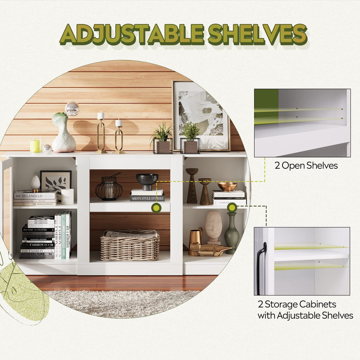 WLIVE Retro TV Stand for 65 inch TV, TV Console Cabinet with Storage, Open Shelves Entertainment Center for Living Room and Bedroom, White WLIVE