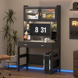 LVSOMT Home Office Desk with Hutch, Modern Computer Gaming Desk with LED Lights & Power Outlets, Black Study Table with Storage Shelves, Teen Writing Desk for Bedroom, 40'' W LVSOMT