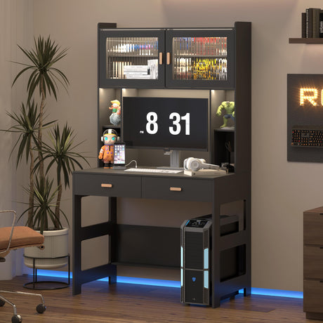 LVSOMT Home Office Desk with Hutch, Modern Computer Gaming Desk with LED Lights & Power Outlets, Black Study Table with Storage Shelves, Teen Writing Desk for Bedroom, 40'' W LVSOMT