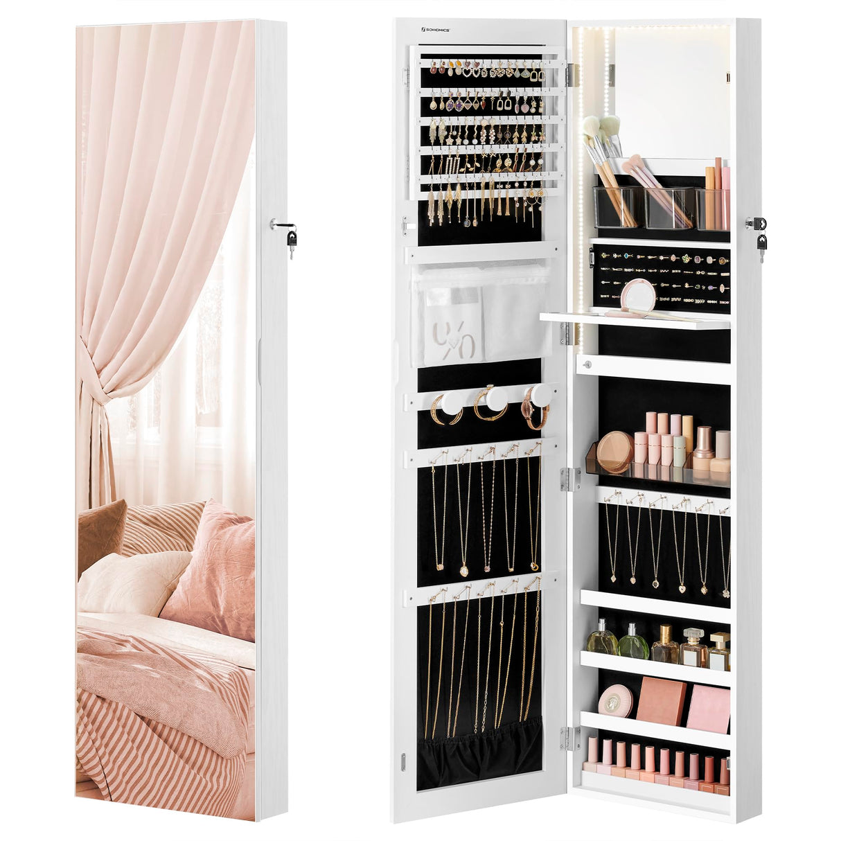 SONGMICS 55 Inches Tall Spacious Jewelry Cabinet, Jewelry Armoire with Light-Up Interior Mirror, Wall or Door Mounted Jewelry Storage Organizer, Lockable, Gift Idea, Cloud White UJJC032W01 SONGMICS