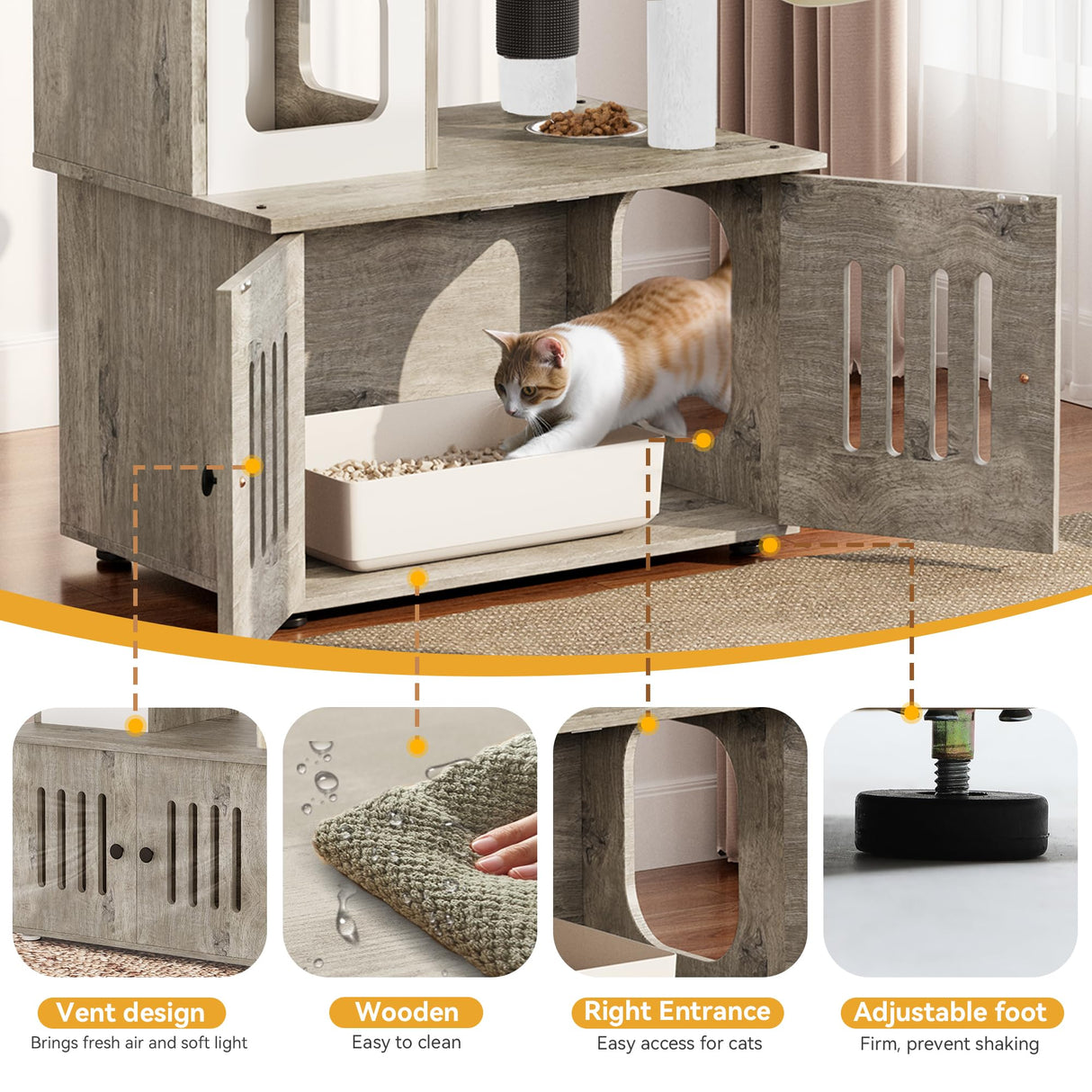 YITAHOME 59 Inch Cat Tree with Litter Box Enclosure, 2-in-1 Cat Furniture Condo, Indoor Cat Tower with Wood House, Perch, Feeding Station, Hammocks, Scratch Post, Hair Brush, Gray YITAHOME