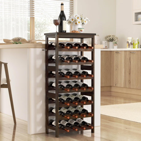 28-Bottle Wine Rack Free Standing Floor, Solid Wood 7-Tier Display Wine Storage Shelves with Tabletop, Wobble-Free Bottle Holder for Cellar Kitchen Bar Dining Room Living Room, Walnut FLYJOE