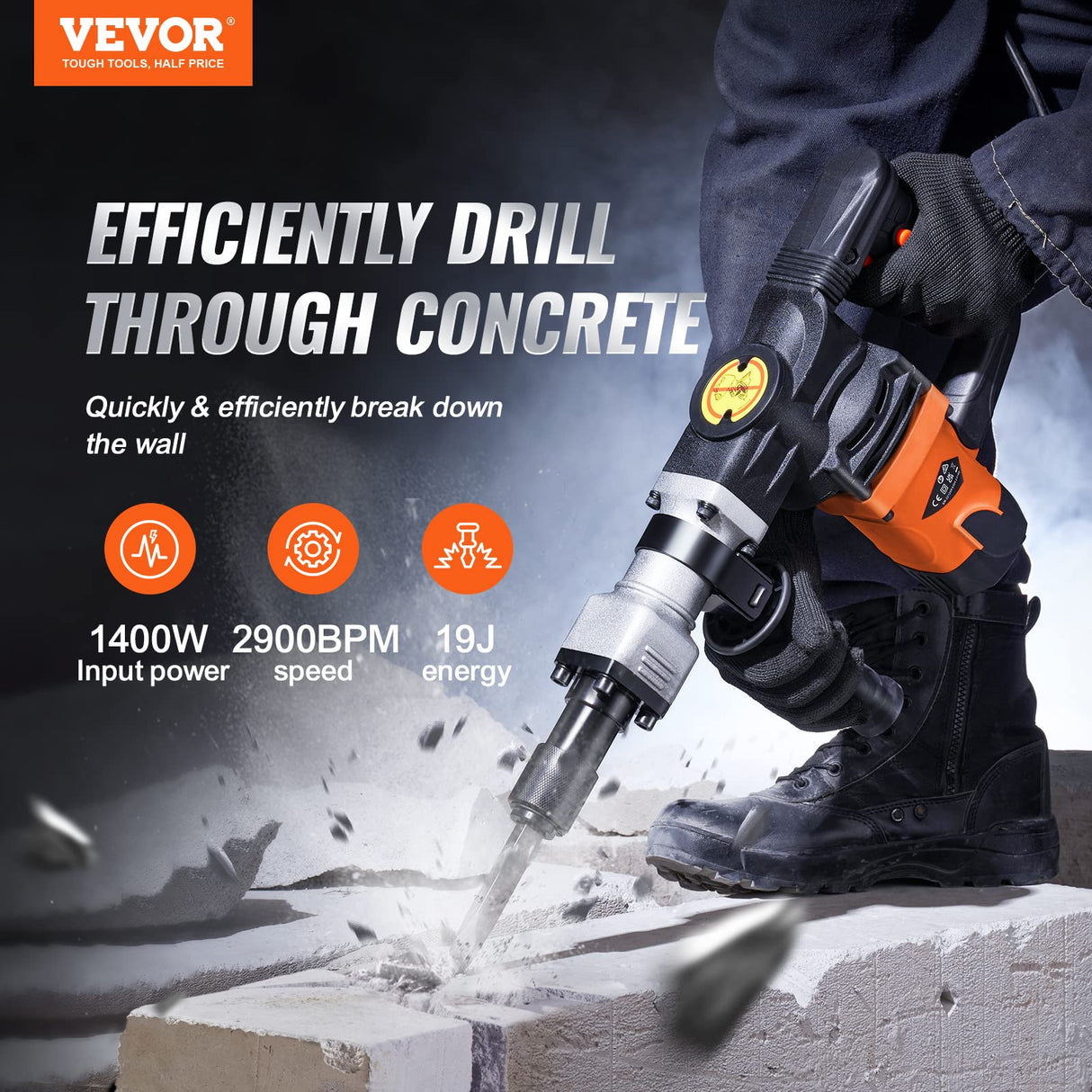 VEVOR Demolition Jack Hammer, MAX 1400W Electric Jackhammer Heavy Duty, 2900 BPM Concrete Breaker 2pcs Chisels Bits Chipping W/Case, Gloves VEVOR