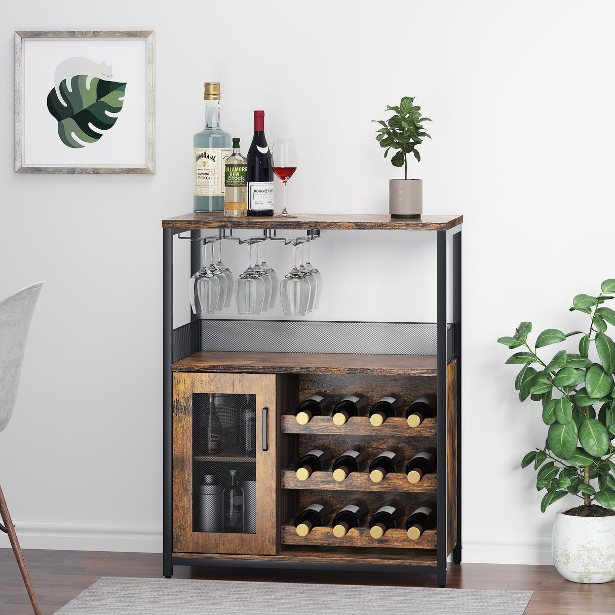 GAOMON Wine Bar Cabinet with Removable Wine Racks and 1 Drawer,Bar Cabinet with Glass Holder and Mesh Door for Liquor and Glasses (Rustic Brown) GAOMON