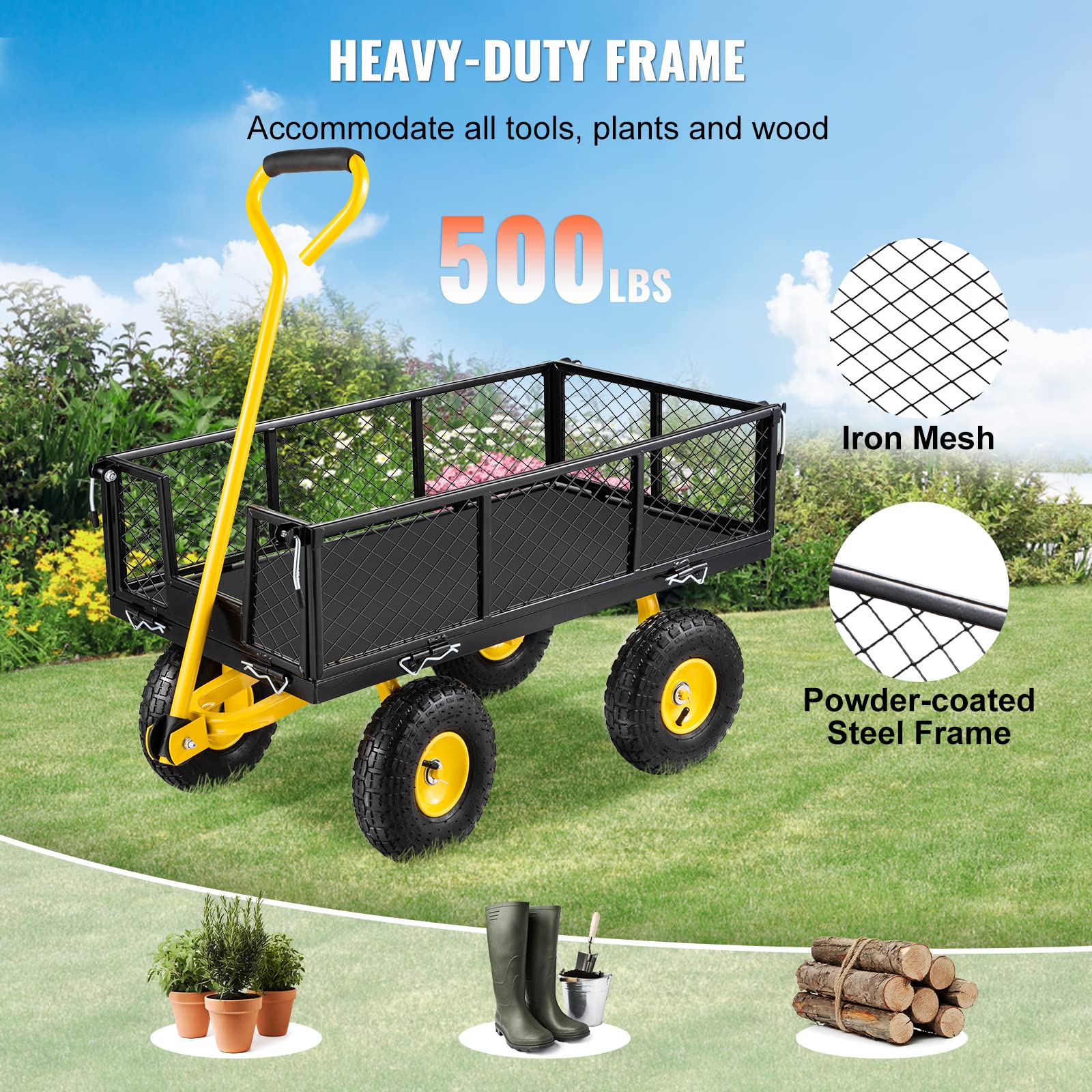 VEVOR Steel Garden Cart, Heavy Duty 500 lbs Capacity, with Removable Mesh Sides to Convert into Flatbed, Utility Metal Wagon with 180° Rotating Handle and 10 in Tires, Perfect for Garden, Far - WoodArtSupply