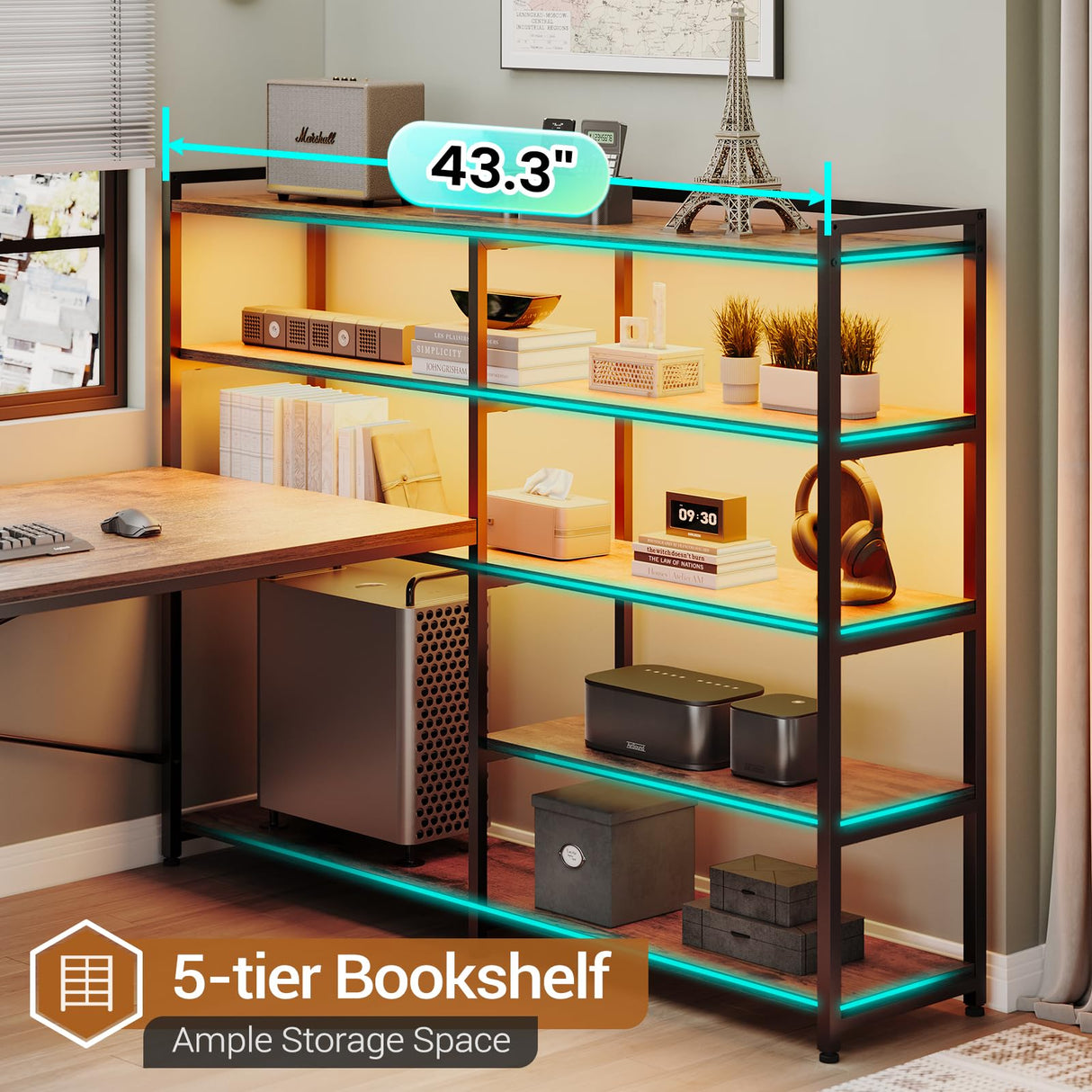 SEDETA L Shaped Desk with Storage Shelves, 64.5" Reversible U Shaped Office Desk with 3 Fabric Drawers, Gaming Desk with Power Outlet & LED Strip, Rustic Brown SEDETA