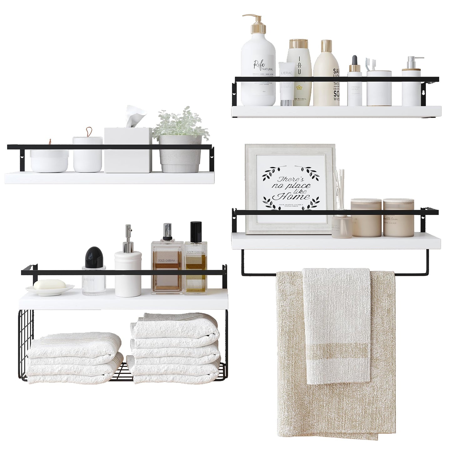 White Wood Floating Shelves Wall Mounted - 3+1 Tier Rustic Bathroom Wall Shelves Over Toilet with Wire Storage Basket and Towel Bar, set of 4 Farmhouse Floating Shelf for Bathroom, Kitchen, Bedroom.