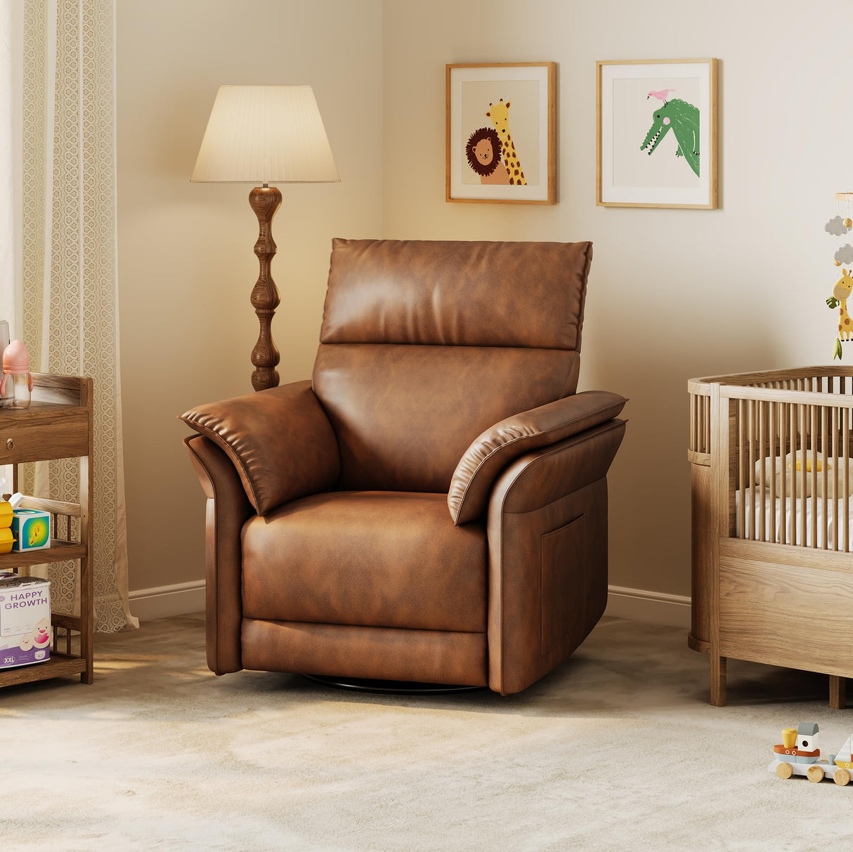 GarveeHome Power Recliner Chair, 270° Swivel Rocking Glider with USB Charging Port, PU Leather Upholstered Fabric and Double-Layer Armrests, Nursery Chair for Living Room, Nursery (Orange) GarveeHome