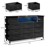 YGEOMER Black Dresser for Bedroom with Power Outlets and LED Lights 11 Drawers with Side Pocket, Fabric Drawers with PU Finish, Frame & Wood Top for 60inch TV Long Dresser Storage Organizer YGEOMER