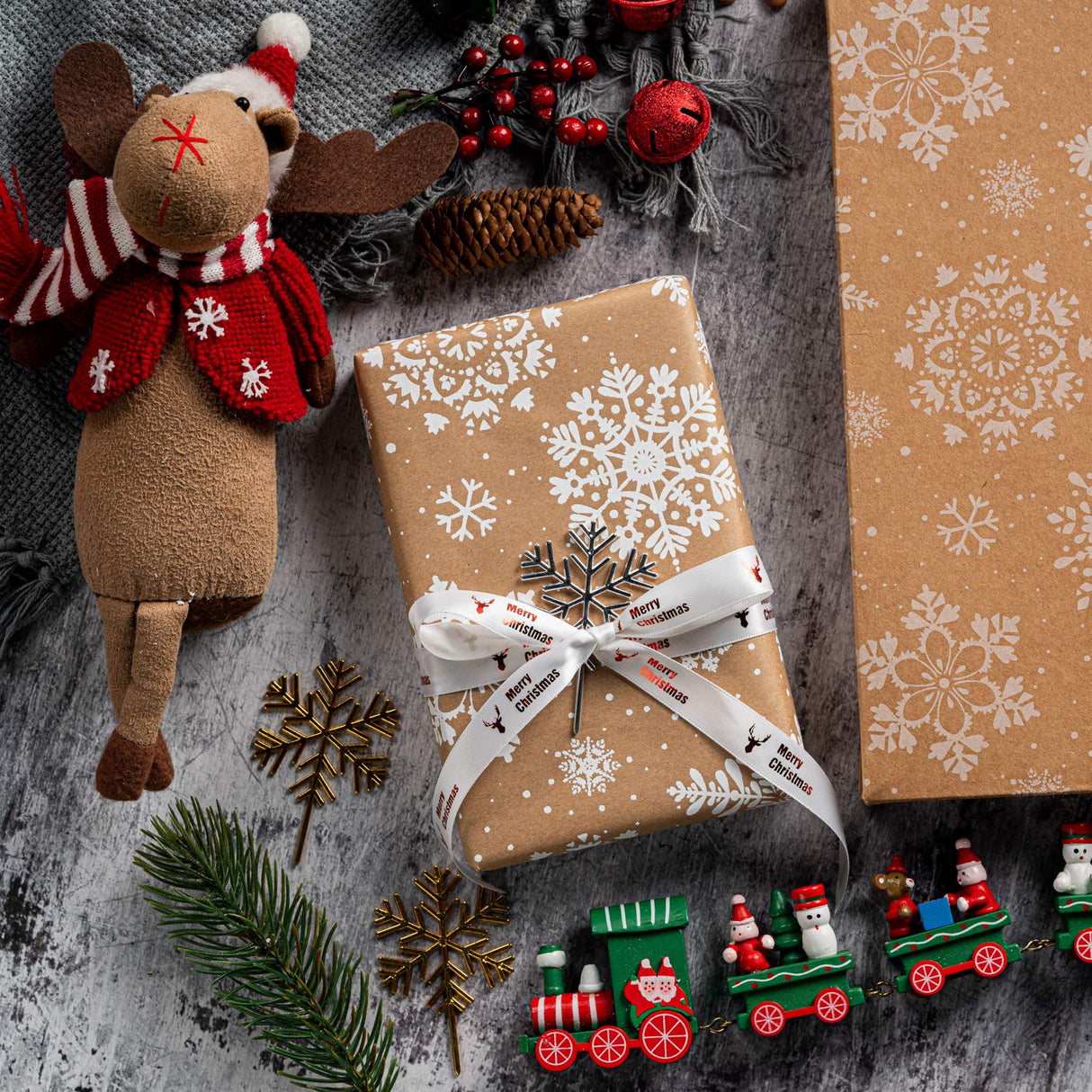 RUSPEPA Wrapping Paper, Kraft Paper - Snowflakes, Car and Christmas Tree, Stripes and Merry Christmas - 4 Rolls - 30 inches x 10 feet per Roll RUSPEPA