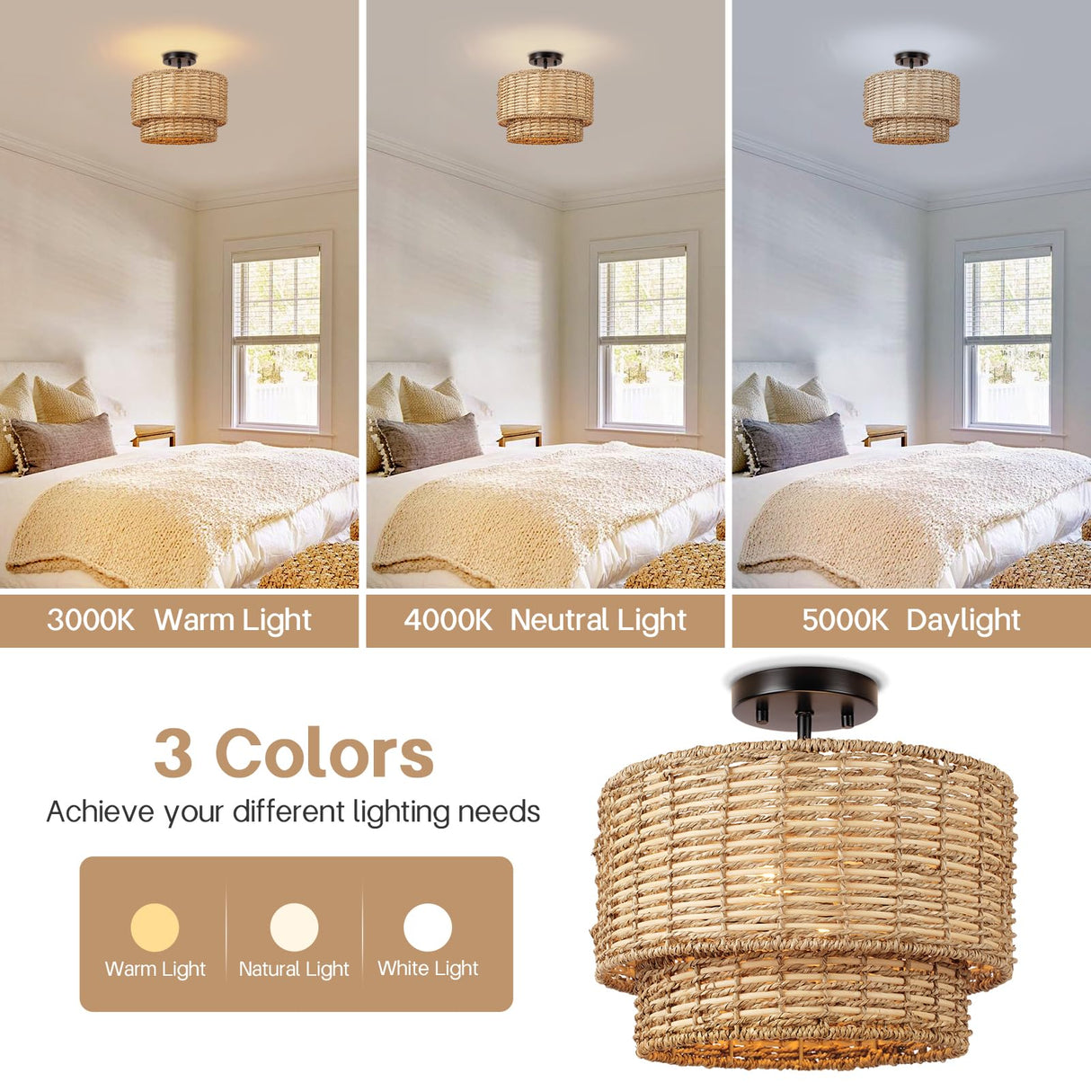 13" Woven Rattan-Style Boho Light Fixture Ceiling Mount,Farmhouse Rattan Semi Flush Mount Ceiling Light,Nursery Light Fixture With 2-Tier Drum Shade,Wicker Flush Ceiling Light for Bedroom Entryway Hermasgi