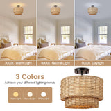 13" Woven Rattan-Style Boho Light Fixture Ceiling Mount,Farmhouse Rattan Semi Flush Mount Ceiling Light,Nursery Light Fixture With 2-Tier Drum Shade,Wicker Flush Ceiling Light for Bedroom Entryway Hermasgi