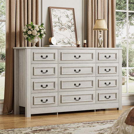 ZORPLIX Farmhouse 12 Drawers Dresser for Bedroom，63" Wide Wood Rustic Chest of Drawers with Vintage Metal Handles, Large Storage Dressers & Organizer for Bedroom, Living Room, Hallway, Grey ZORPLIX
