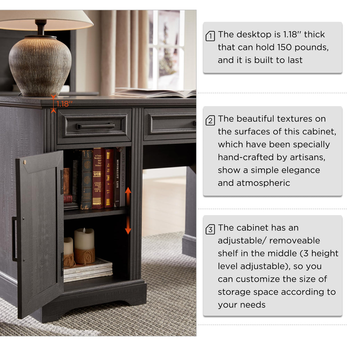 JXQTLINGMU Farmhouse 58" Executive Desk, Computer Desk with Drawers and Storage Cabinet, Workstation for Home Office, Black JXQTLINGMU