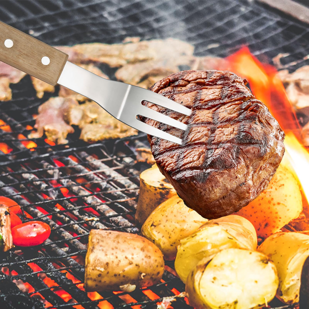 GreatChef Barbecue Grilling Utensils Set of 4, Stainless Steel Tools with Wood Handle, Meat Fork, Slotted Turner, Barbecue Tongs & Silicone Brush, Good BBQ Accessories for Outdoor, Camping & Party GreatChef