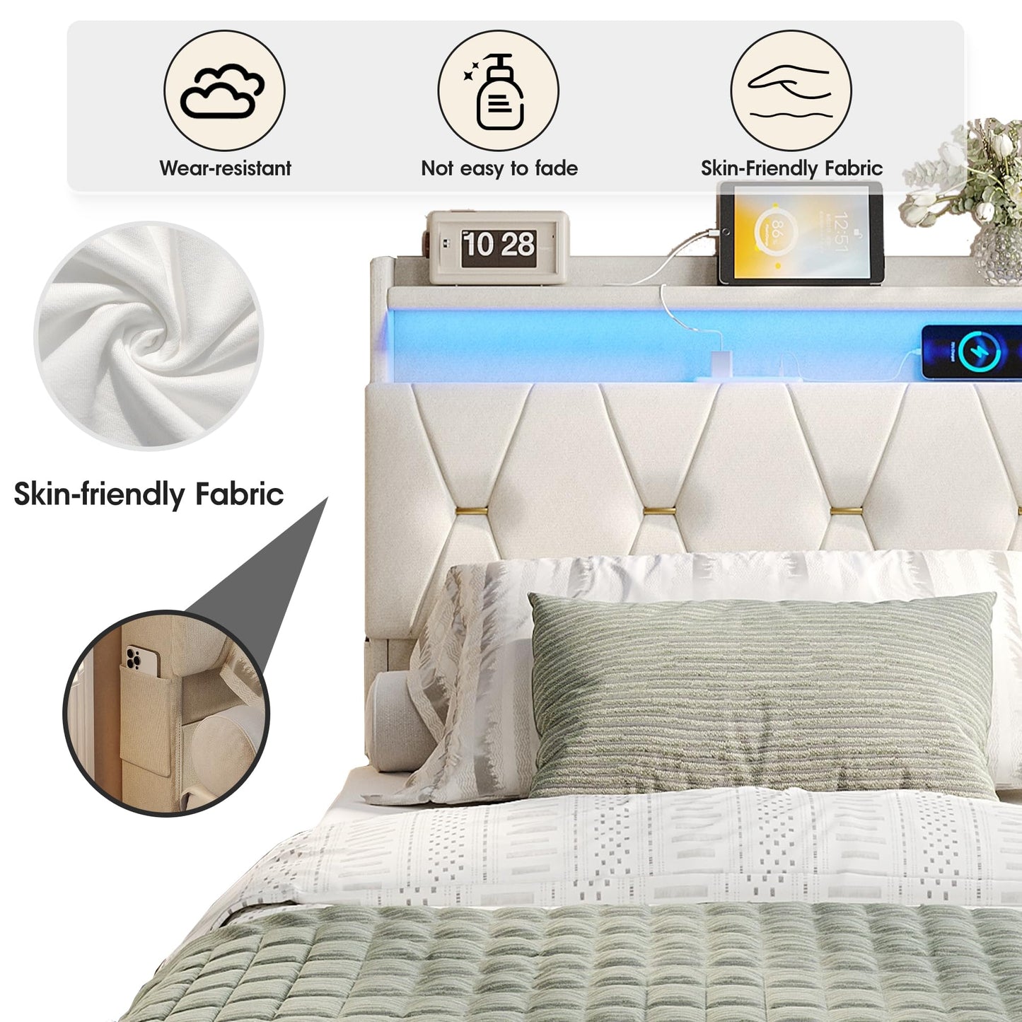 Fameill Twin Size Lift Up Storage Bed Frame, Storage Headboard with Charging Station, LED Lights Upholstered Platform Bed, No Box Spring Needed, Noise-Free, Beige White