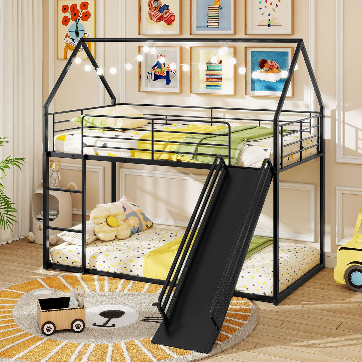 Giantex Twin Over Twin Bunk Bed with Slide & Ladder, House-Shaped Metal Bunk Bed Frame with Safety Guardrail & Roof, Heavy-Duty Kids Loft Bed for Boys Girls Junior, No Box Spring Needed, Black Giantex
