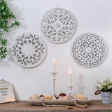 Walasis White Wall Decor Carved Medallion - Rustic Wood Wall Art Decorative Distressed Hanging Decorations Farmhouse Home Decoration for Living Room Bedroom Kitchen Bathroom Set of 3 Walasis
