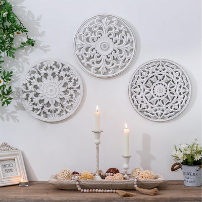 Walasis White Wall Decor Carved Medallion - Rustic Wood Wall Art Decorative Distressed Hanging Decorations Farmhouse Home Decoration for Living Room Bedroom Kitchen Bathroom Set of 3