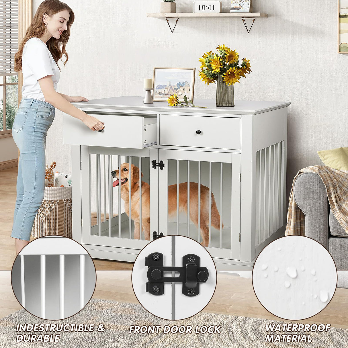 PUKAMI Dog Crate Furniture with Drawers,44inch Wooden Dog Kennel Furniture for Large Breed,End Table Wood Dog House for Indoor use,Dog Crate for Small/Medium/Large Dog(White) PUKAMI