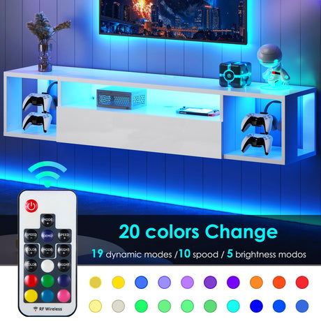 DlandHome Floating TV Stand with LED Lights,Wall Mounted TV Shelf with Led Lights, 55.1" Modern Entertainment Center Media Console with Storage,White DlandHome
