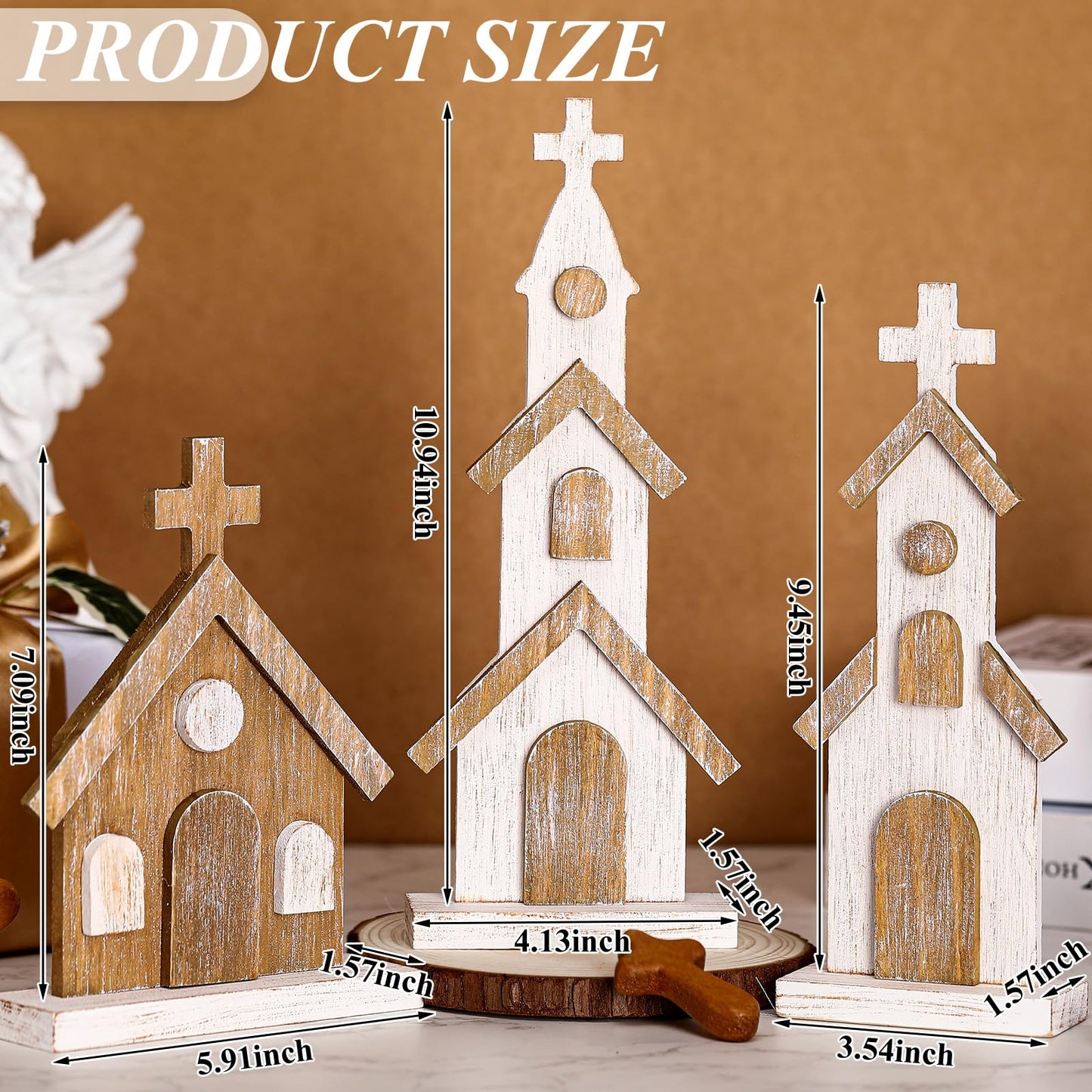 Cinnvoice 3 Pcs Christmas Rustic Wooden Churches Tabletop Decoration Farmhouse Wooden Churches Sign Desk Shelf Ornaments Xmas Wooden Centerpieces Decor for Table Top Fireplace Home Tiered Tray Decor