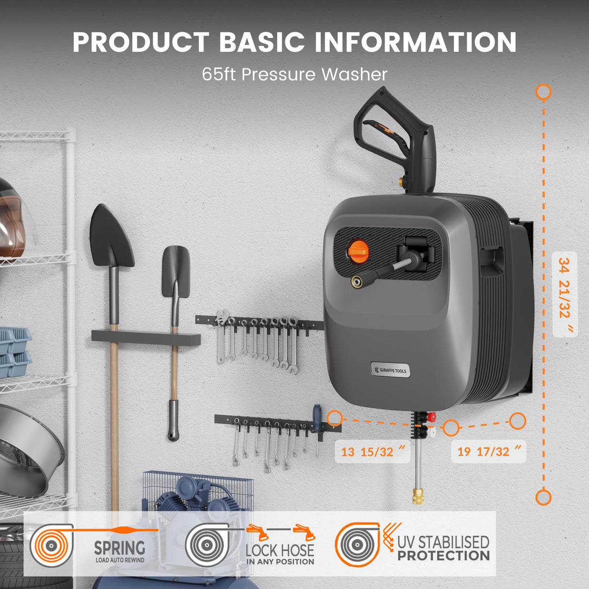 Giraffe Tools Grandfalls Pressure Washer G20 Pro, 2400 PSI 2.0 GPM, Wall Mounted Power Washer with 65FT Hose Reel, 4 Nozzles for Floor/Cars/Fences/Patios, Dark Silver Giraffe Tools