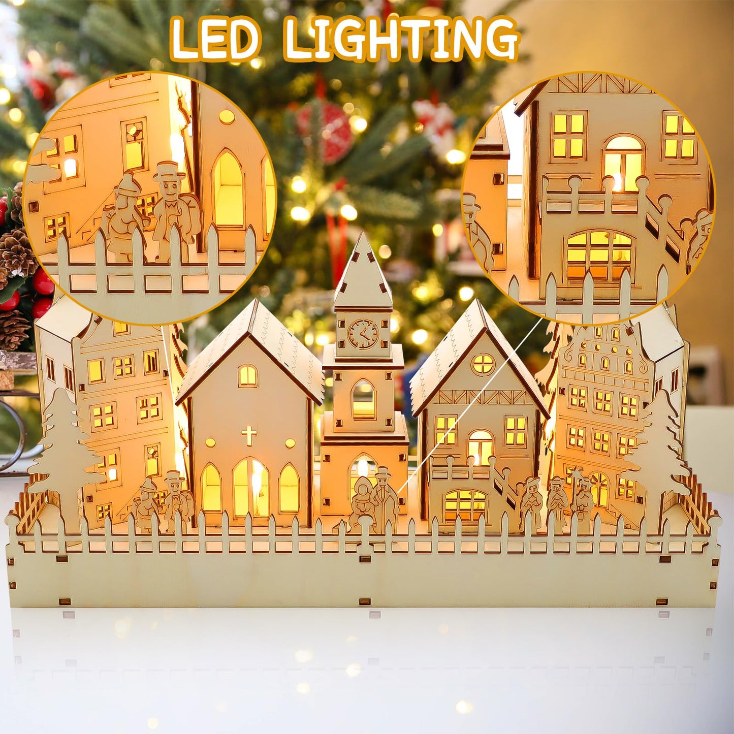 CCINEE Pre-Lit Christmas Village House LED Wooden Christmas Scene House with Lights Battery Operated Luminous Farmhouse Christmas Desktop Decoration for Xmas Party Tabletop Mantle Decor