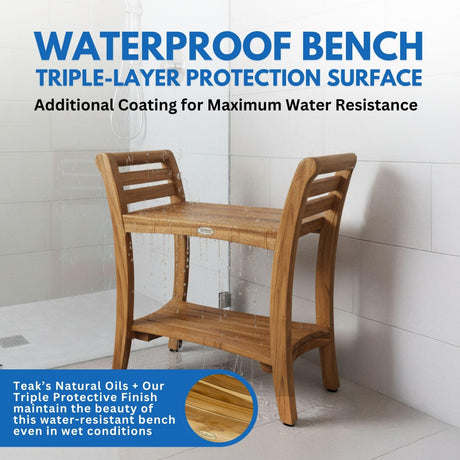 EcoDecors Symmetry 24 Inch Natural Color Waterproof Teak Wood Shower Bench Stool Seat Chair For Inside Shower Storage Shelf Provides Safety, Storage, and Organization For Bathroom Accessories EcoDecors