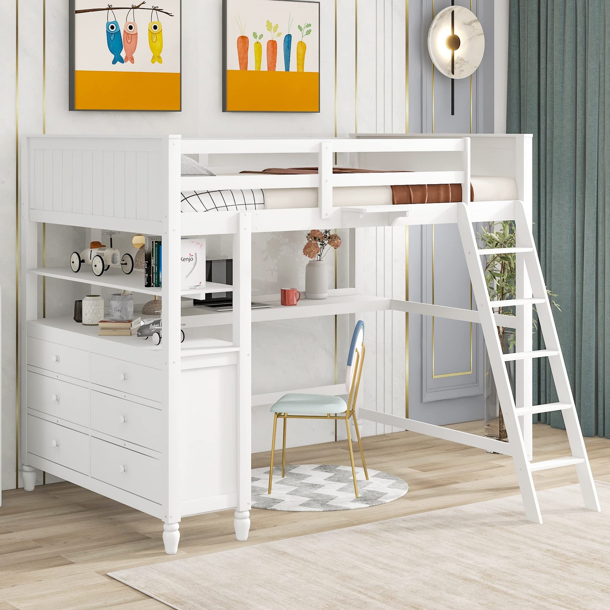 Full Size Solid Wood Loft Bed with Desk, Storage Drawers, and Safety Guardrails - White - WoodArtSupply