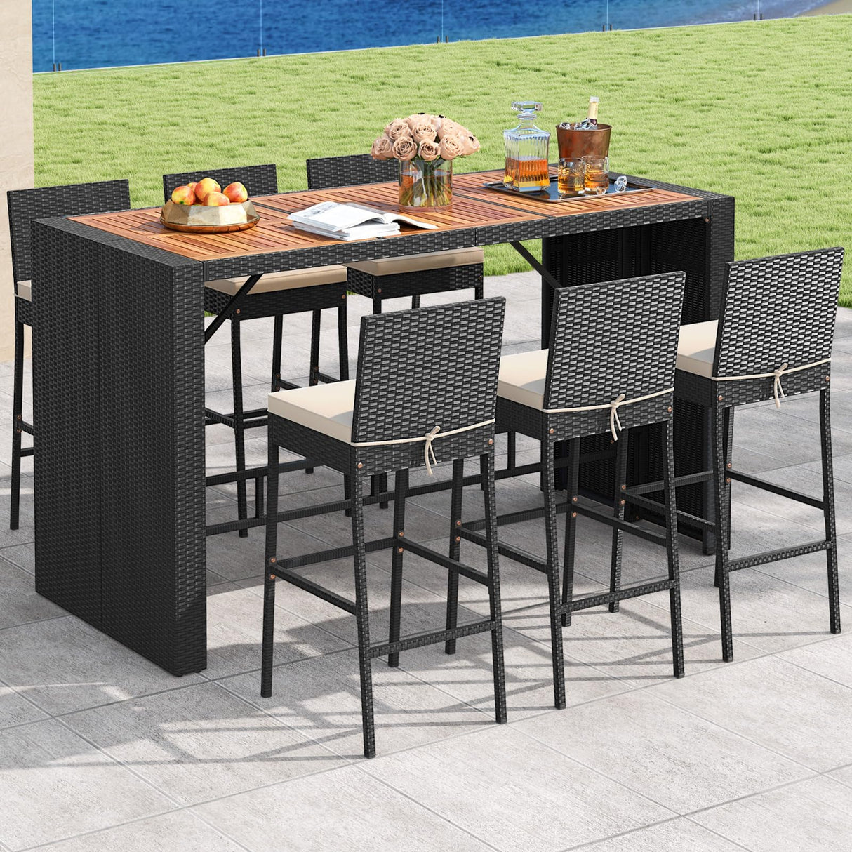 Tangkula 7 Piece Patio Wicker Bar Set, Patiojoy Outdoor Acacia Wood Bar Height Table & 6 Rattan Bar Stool Chairs with Backrest and Footrest, for Bistro Garden Balcony Tangkula