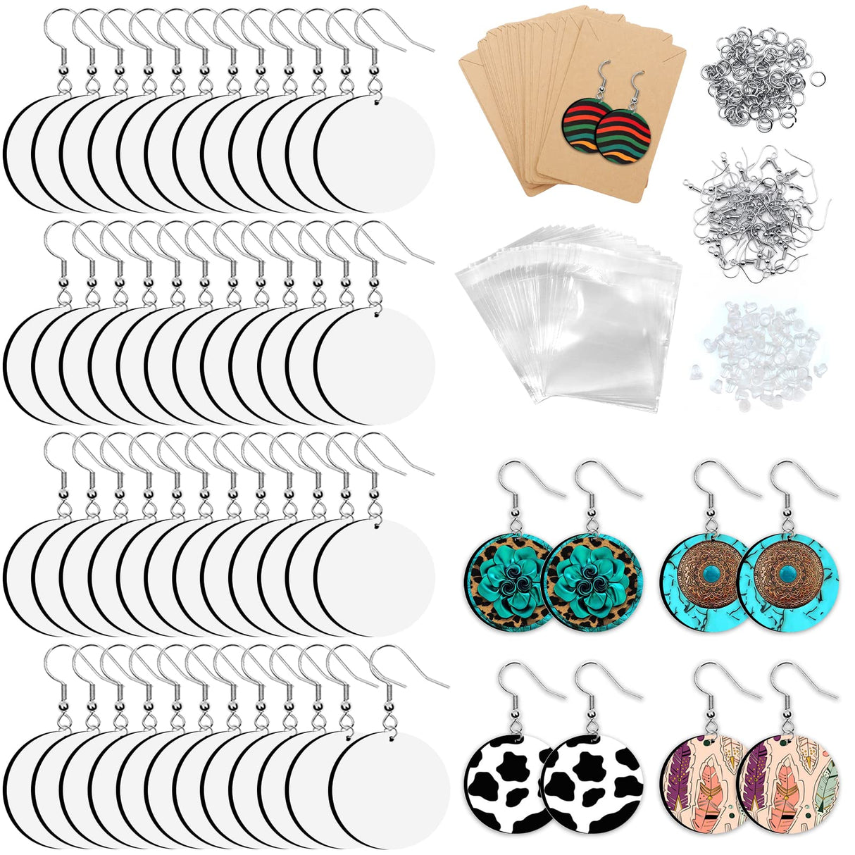 ZOCONE 60 Pcs Sublimation Earrings Blank, Earring Blanks for Sublimation Printing, Unfinished Round Heat Transfer Earring Pendant with Earring Hooks Cardboard Bags for Women DIY Earring Project ZOCONE