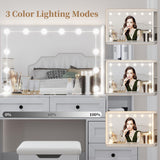 Diwnnue Farmhouse Mirror Large Vanity Desk with LED Bulbs, Makeup Vanity Table Set with Glass Tabletop, Charging Station & Power Outlet, Adjustable Lighting Modes, Bedroom, White Diwnnue