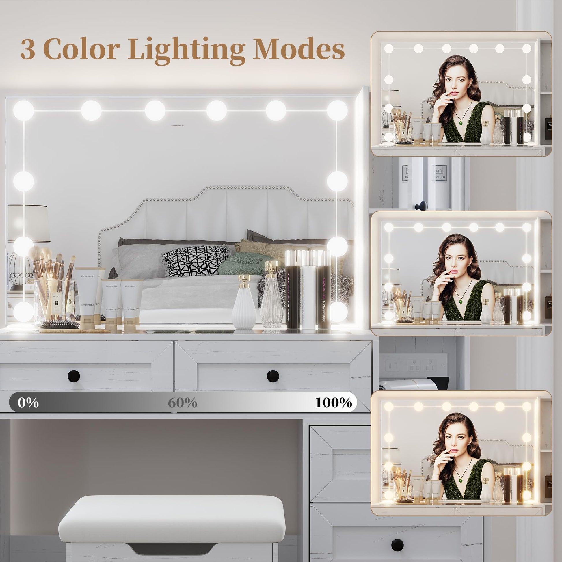 Diwnnue Farmhouse Mirror Large Vanity Desk with LED Bulbs, Makeup Vanity Table Set with Glass Tabletop, Charging Station & Power Outlet, Adjustable Lighting Modes, Bedroom, White - WoodArtSupply